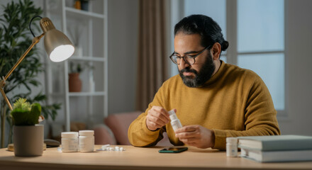 A man in a yellow sweater is sitting at a desk with a bottle of medicine in his