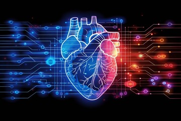 A vibrant drawing of a red heart contour is set against a black background with intricate blue neon lines symbolizing the intersection of love and technology.
