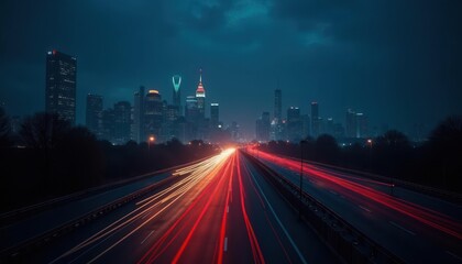 Fototapeta premium Night Cityscape: Highway Lights and Skyscrapers