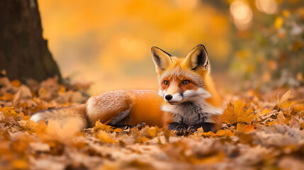 Obraz premium Stunning Close-Up Portrait of a Red Fox Amidst Vibrant Autumn Leaves