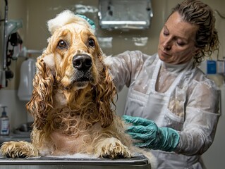 Cocker Spaniel enjoys a relaxing bath at the pet grooming salon on a sunny afternoon