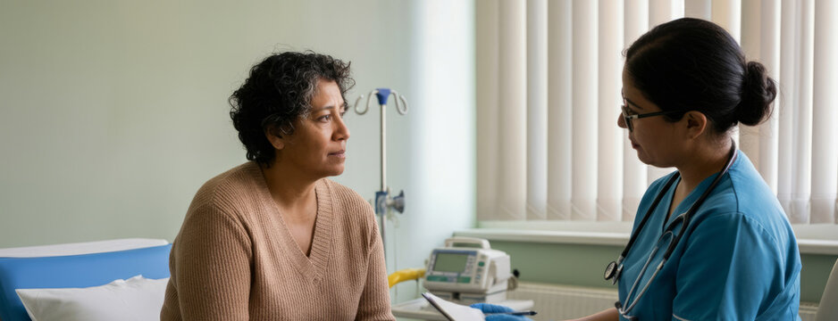 A woman is sitting in a hospital room with a doctor