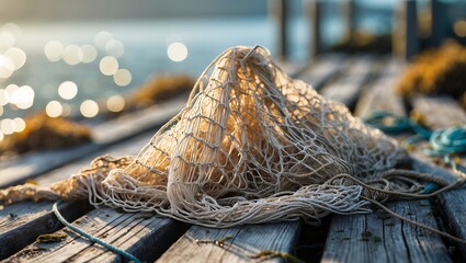 Fishing net rests on wooden pier at sunset, reflecting golden light on calm water