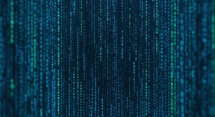 Futuristic digital binary data stream in blue and green tones.