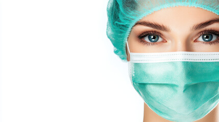 Close-Up of Woman in Surgical Mask and Cap with Blue Eyes