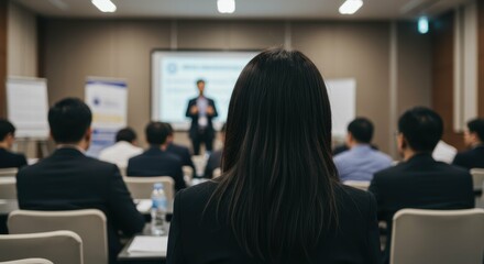 Fototapeta premium Audience listens to speaker at a corporate conference.