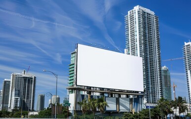 Obraz premium A large blank billboard in a city with tall buildings and a blue sky in the background