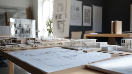 Architectural model display on table, blueprints, studio background