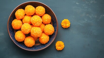 A vibrant bowl of orange sweets, resembling round balls, surrounded by marigold flowers, set against a textured blue background.