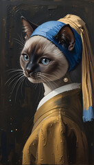 Ai generative oil painting Portrait of a cute Siamese cat , vermeer style of the artwork "Girl with a pearl earring" in a classical still life composition The painting is lit by natural light from the