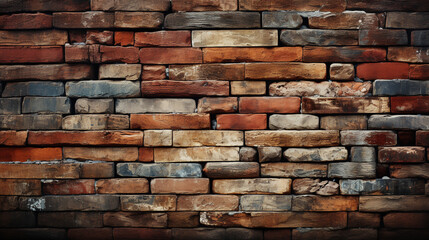 Obraz premium A weathered brick wall with varying shades of red, orange, and brown bricks, some of which are damaged or have peeling paint, creating a rustic and aged appearance.