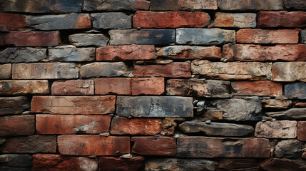 Fototapeta premium A weathered brick wall with varying shades of red, orange, and brown bricks, some of which are damaged or have peeling paint, creating a rustic and aged appearance.