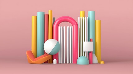 Obraz premium Abstract Composition of Colorful Geometric Shapes and Cylinders on Pink Background