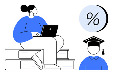 Person with laptop on books, percentage symbol, and graduation cap. Ideal for education, online learning, study materials, academic success, student finance, graduation themes. Line metaphor