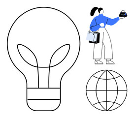 Lightbulb, woman holding laptop and shopping bags, globe. Ideal for online shopping, digital marketing, innovation, global connectivity, technology e-commerce creativity. Abstract line flat
