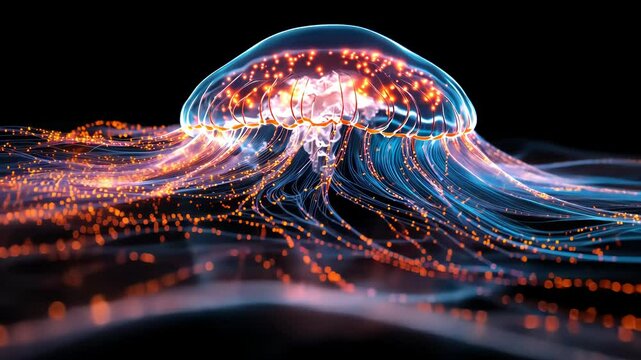 Glowing jellyfish with bioluminescent tentacles in dark water.