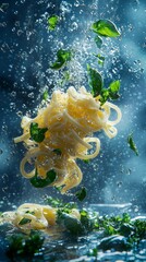 Delicate pasta twirls captured in mid-air surrounded by fresh herbs and bubbles