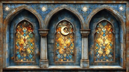 Obraz premium Crescent moon above stained glass windows in ornate Moorish archways