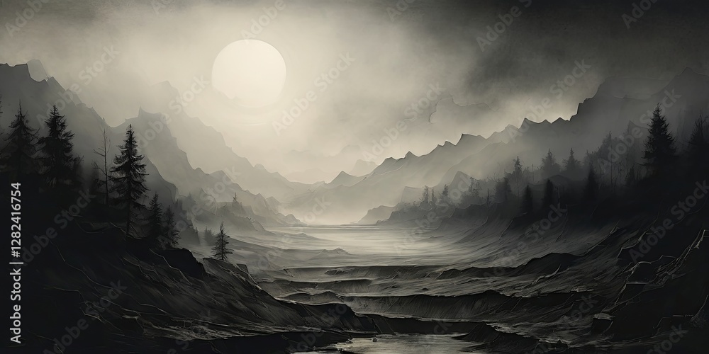 Poster a mountain range with a large moon in the sky