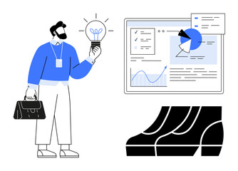 Man holding lightbulb, representing new ideas, wearing an ID badge with briefcase, large shoes, data analysis screen showing charts and graphs. Ideal for business strategy, innovation, team