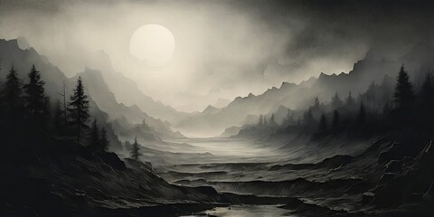 A mountain range with a large moon in the sky