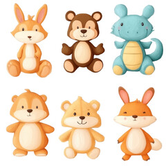 Fototapeta premium Cute Cartoon Animals Collection of Plush Toy Characters