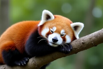 Relaxed red panda resting peacefully on a tree branch in a vibrant green forest environment with soft sunlight glow