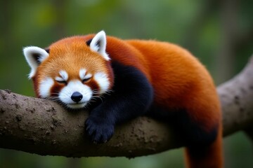 Fototapeta premium Adorable red panda peacefully resting on tree branch in lush green forest, showcasing its vibrant fur and charming expression