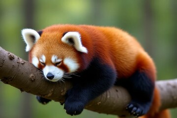 Fototapeta premium Cozy Red Panda Napping Securely on a Branch in a Lush Green Forest Setting, Capturing the Serenity of Nature