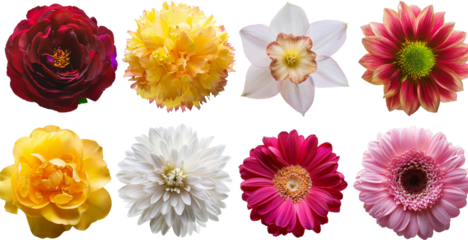 Collection of vibrant spring flowers roses carnations gerbera daisies and daffodils