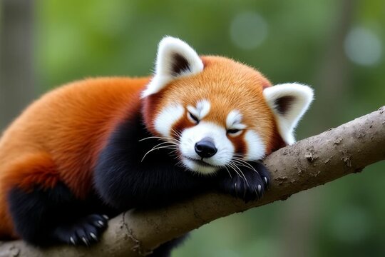 Relaxed red panda resting peacefully on a tree branch in a vibrant green forest environment with soft sunlight glow