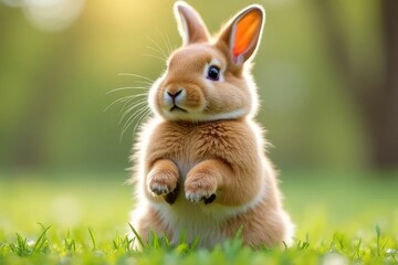 Fototapeta premium Cute baby rabbit sitting on green grass in morning sunlight, showcasing adorable features and fluffy fur in a serene environment