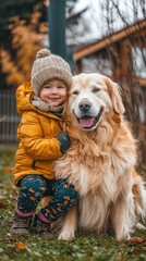Golden retriever sits happily beside a child wearing a cozy hat in autumn park