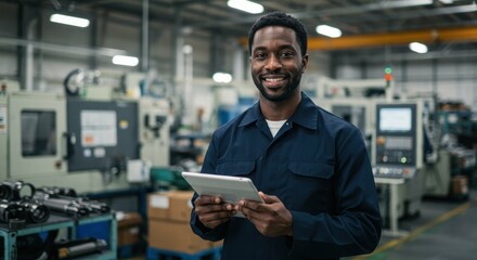 Smiling man in a factory holding a tablet in a professional setting.