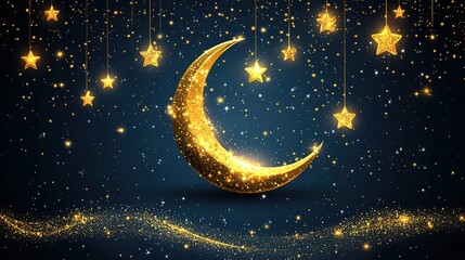 Naklejka premium Golden crescent moon, stars on dark blue, glitter background, festive greeting