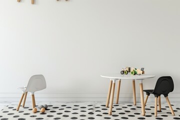 White wall with a round table and chairs. polka dot rug. and toys in a minimalist. modern children s room