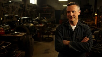 Confident mechanic standing with arms crossed in his workshop.