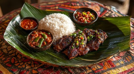 Sticky rice served with grilled pork, background removed 