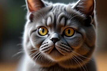 Obraz premium Close-Up Portrait of a Soft Grey Cat with Striking Yellow Eyes and a Gentle Expression Against a Blurred Background