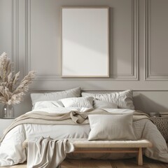 Minimalist bedroom interior with a blank poster frame above the bed