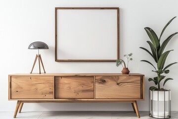 Modern wooden cabinet with a blank frame on a white wall