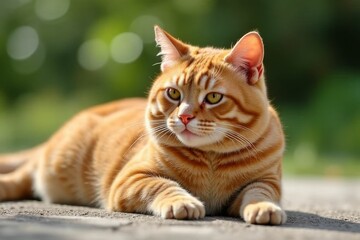 Obraz premium Relaxed orange tabby cat lounging outdoors with soft sunlight creating a beautiful bokeh effect in the background