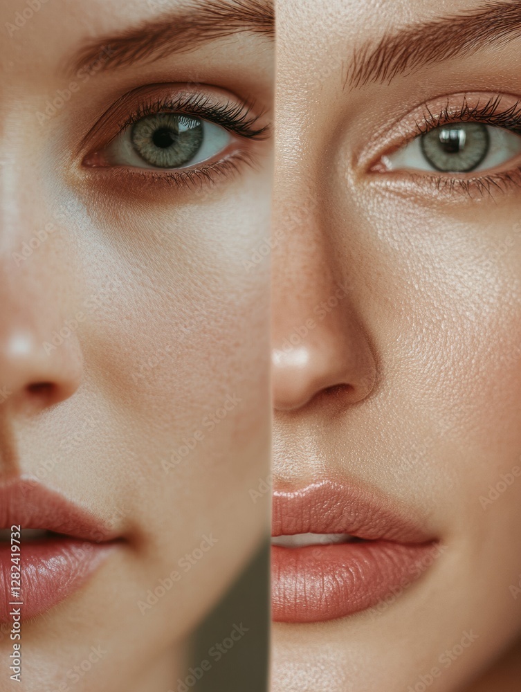 Poster face comparison showcasing natural aging on one side and flawless skin on the other side at a beauty