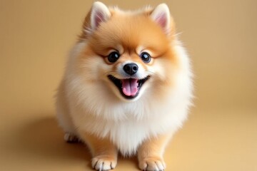 Adorable fluffy Pomeranian dog smiling against a neutral beige background for joyful pet-themed projects or marketing needs
