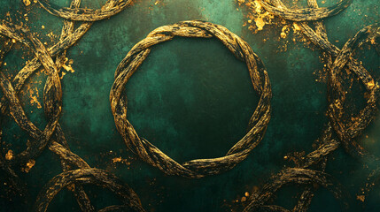 Luxurious green and gold abstract background with intricate Celtic knot patterns, perfect for St. Patrick's Day invitations or Irish-themed marketing materials.
