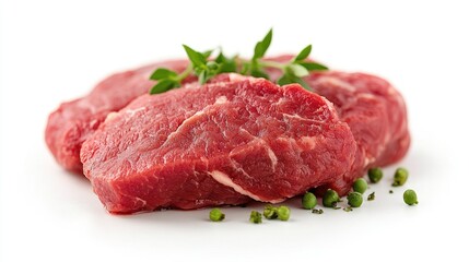 Obraz premium Raw beef steaks garnished with fresh thyme and green peppercorns isolated on a white background.