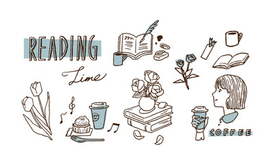 手書きの読書・カフェ・コーヒー・ヴィンテージな手書き文字のイラストセット Illustration set of handwritten reading, cafe, coffee, and vintage handwritten text.