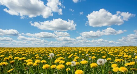 Fototapeta premium Expansive field of blooming dandelions under blue skies.