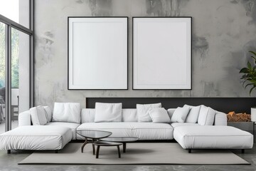 Modern living room interior with white sectional sofa and two blank frames on a concrete wall