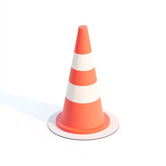 An orange and white traffic cone with alternating stripes, placed on a white base. It is a common safety device used to redirect traffic or mark hazardous areas.